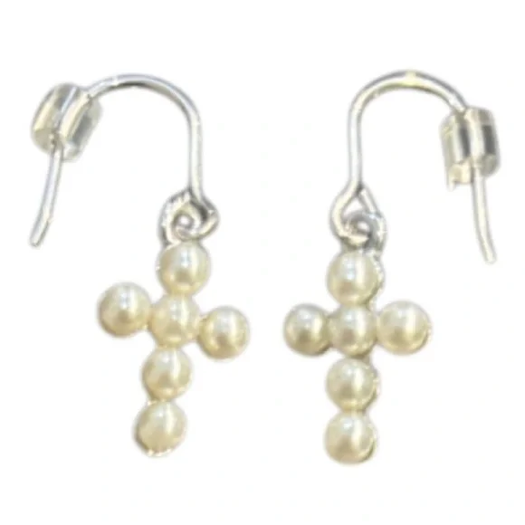 Cross Earrings Freshwater Pearl Sterling Silver Jewelry Dangle Wire Ivory White